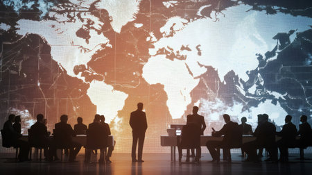 Business executives are having a meeting in a boardroom, discussing global strategy with a world map displayed on a large screen, symbolizing international business and expansionの素材