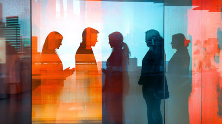 Silhouettes of business people talking and interacting behind a colorful glass wall, creating a dynamic and abstract representation of modern office life and corporate communicationの素材