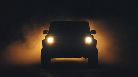 Modern, luxurious suv car is driving through thick fog at night, its headlights illuminating the darkness, creating a dramatic and mysterious atmosphereの素材