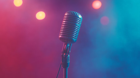 Retro microphone stands ready for a singer or comedian to perform on a stage bathed in vibrant pink and blue lights, creating a lively atmosphere for an unforgettable karaoke or open mic nightの素材