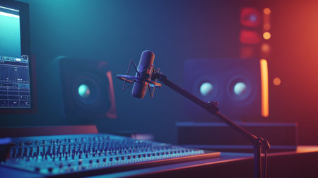 Professional microphone setup in a recording studio, capturing vocals and instruments, surrounded by a mixing console and colorful stage lighting for vibrant music productionの素材