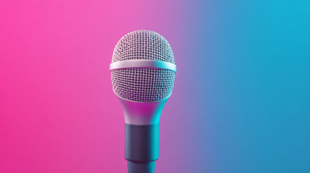 Studio shot of a microphone illuminated by vibrant pink and blue lighting, creating a visually striking image evocative of music recording, live singing, or a stand up comedy performanceの素材