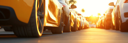 Rows of parked cars stand in a dealership during golden hour, creating a sense of anticipation and opportunity in the automotive sales industryの素材