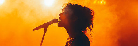 Silhouette of a female singer passionately performing live on a stage, illuminated by warm orange backlighting and surrounded by atmospheric smoke, creating a dramatic and captivating sceneの素材