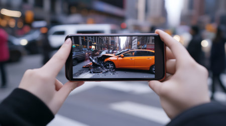 Hands holding smartphone recording video of damaged orange taxi after car crash on new york city street with blurred pedestrians in backgroundの素材