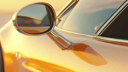 Polished chrome wing mirror reflecting warm sunset light, accentuating the sleek orange car body and highlighting the elegance and luxury of automotive design in a captivating sceneの素材