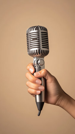 Hand gripping a classic microphone, ready to capture voice or music in a studio or live performance setting, with a warm, beige backdrop emphasizing the focus on sound and audio recordingの素材