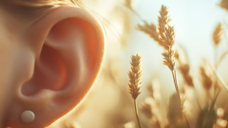 Healthy human ear listening to the sounds of nature with ears of wheat gently swaying in the breeze at sunset in a golden field, evoking a sense of peace and tranquilityの素材