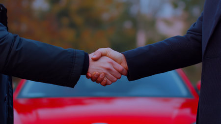 Two businessmen shaking hands in front of a red car, celebrating a successful deal in the automotive industry, possibly involving sales, insurance, or productionの素材