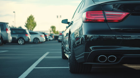 Sleek black car parked prominently in a dealership parking lot, reflecting the warm glow of showroom lights, showcasing its polished finish and sporty design amidst other vehiclesの素材