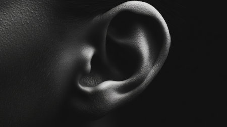 Black and white close up of a human ear, highlighting the intricate details of its structure and suggesting the act of listening attentively on a dark backgroundの素材