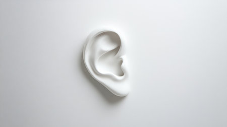 White ear sculpture resting on a white background, symbolizing hearing, sound, and hearing problems, ideal for healthcare and audiology related projectsの素材
