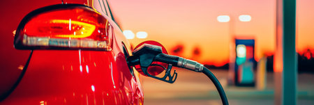 Red car refueling at a gas station during a stunning sunset, capturing the essence of transportation, energy, and the thrill of road trips under a colorful skyの素材