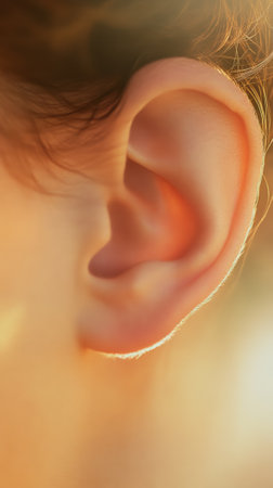 Warm light illuminates the delicate details of an ear, highlighting the importance of hearing health and auditory perception in a close up compositionの素材