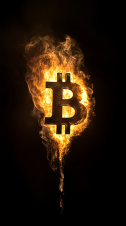 Bitcoin digital currency symbol burning in bright flames on a black background representing the volatility and risk of cryptocurrency investmentの素材