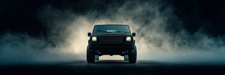 Rugged, dark colored four wheel drive vehicle, possibly customized, is seen emerging from a dense fog with its headlights illuminating the scene, creating a dramatic and mysterious atmosphereの素材