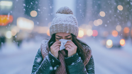 Sick young woman blowing her nose with tissue while standing in a snowy city street during winter, suffering from cold, flu or influenza virusの素材
