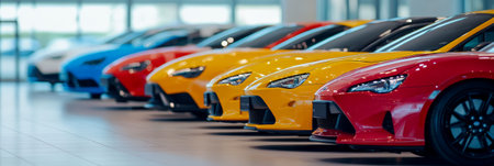Colorful sports cars parked in a row, gleaming under bright lights in a contemporary auto dealership showroom, create an enticing display for potential buyersの素材