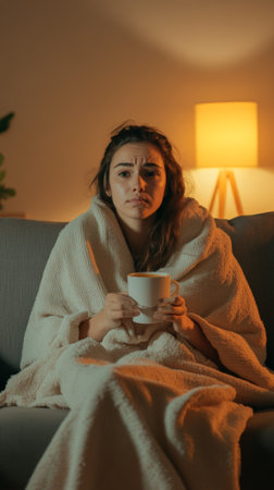 Wrapped in a cozy blanket, a young woman sits on a sofa at night, cradling a warm mug of tea to soothe her cold symptoms and find comfort during her illnessの素材