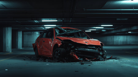 Red wrecked car sits abandoned in an empty parking garage, highlighting the aftermath of a severe car accident, emphasizing themes of insurance claims, vehicle damage, and road safetyの素材