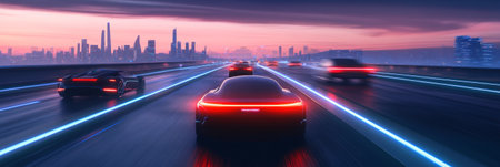 Self driving electric vehicles are speeding on a neon lit highway towards a futuristic metropolis at sunset. Showcasing the advancements in autonomous driving technology and smart city infrastructureの素材