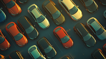 Rows of shiny new cars parked in a large outdoor dealership, illuminated by the warm golden light of late afternoon, create a visually appealing scene of automotive abundanceの素材