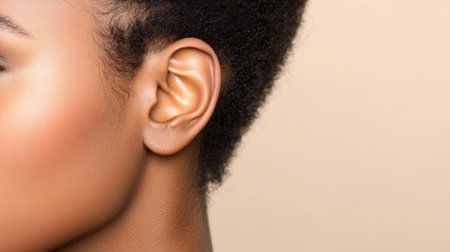Cropped portrait focusing on a face and ear, emphasizing the significance of hearing while addressing potential hearing issues and the importance of auditory healthの素材