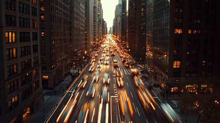 Light trails from moving cars illuminating park avenue at dusk, surrounded by towering buildings with glowing windows, creating a vibrant cityscape in new york cityの素材