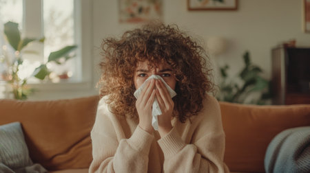 Young woman suffering from cold or flu, blowing her nose with tissue while sitting on sofa at home, feeling unwell and trying to recover from illnessの素材
