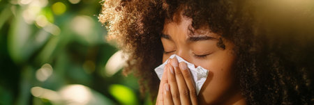 Young woman with curly hair blowing her nose with tissue paper, suffering from cold or seasonal influenza, with a blurred green background of vegetationの素材