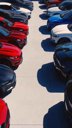 Colorful new cars filling a dealership parking lot highlight the vibrant automotive industry, offering a wide range of consumer choices and showcasing current market trends in vehicle salesの素材