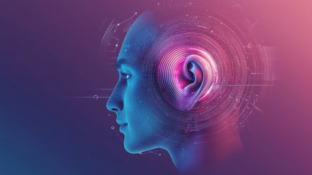 Human head profile with digital ear receiving and processing sound waves, symbolizing audio technology, artificial intelligence, and hearingの素材
