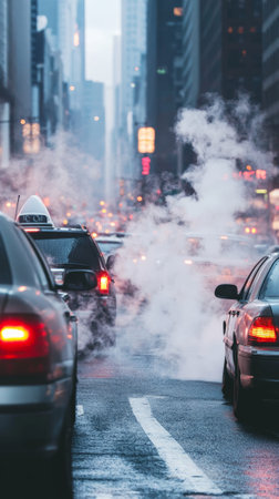 Smoke and vapor billowing from exhaust pipes of cars trapped in traffic contribute to air pollution in a bustling city, highlighting the ongoing environmental challenges of urban lifeの素材