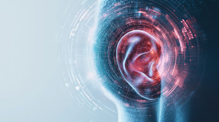 Futuristic digital ear surrounded by concentric circles of data, symbolizing the process of listening, interpreting sound waves, and the complexities of hearing and hearing problemsの素材