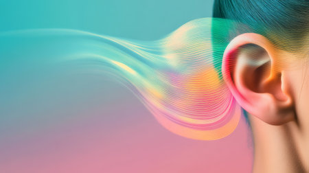 Colorful sound wave entering woman ear representing music listening, audio technology, hearing, or hearing problems, with teal and pink gradient backgroundの素材