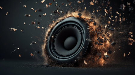 Powerful audio speaker exploding and emitting brown dust particles, creating a dramatic visual effect on a dark background, symbolizing the impact and energy of sound and musicの素材