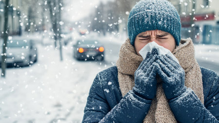 Man suffering from a cold and flu during the winter season, blowing his nose with a tissue while standing in a snowy city street, surrounded by falling snowflakes and chilly airの素材