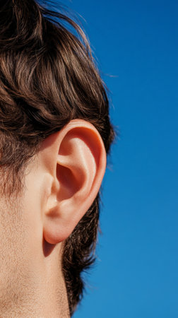 Close up view of a mans ear with short brown hair, set against a vibrant blue sky, highlighting the significance of hearing and maintaining ear health for overall wellnessの素材