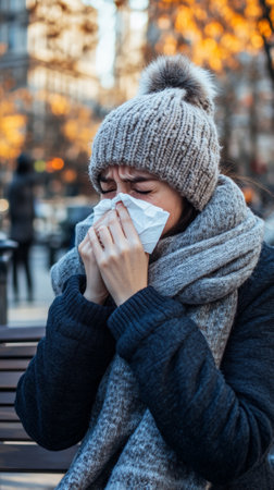 Young woman blowing her nose with tissue while sitting on bench in park during cold winter day, suffering from illness such as flu, cold or virusの素材