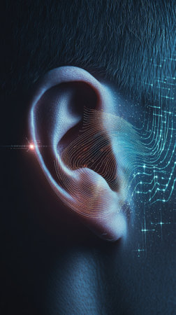 Sound waves entering a human ear, generating a visualization of data processing, conceptualizing aspects of hearing, audiology, and advancements in sound technologyの素材