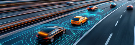 Futuristic self driving cars moving on a highway, demonstrating the concept of autonomous vehicles and automated driving systems with digital lines representing the technology in actionの素材
