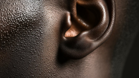 Close up of wet skin with tiny water droplets glistening on the surface, next to a detailed view of an ear, showcasing the intricate textures and delicate folds of the human bodyの素材
