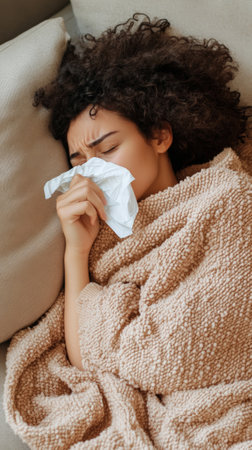 Sick young woman blowing her nose while lying on a sofa, covered with a blanket, suffering from a cold or flu virus, experiencing symptoms of illness and influenzaの素材