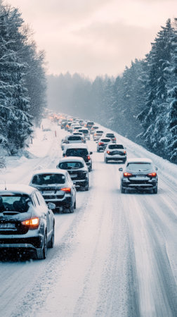 Numerous cars are stuck in a traffic jam on a snowy road during heavy snowfall, creating a challenging and potentially hazardous situation for commutersの素材