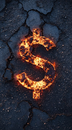 Fiery dollar sign blazes on cracked asphalt, symbolizing financial crisis, market volatility, and the inherent risks of investment in turbulent timesの素材