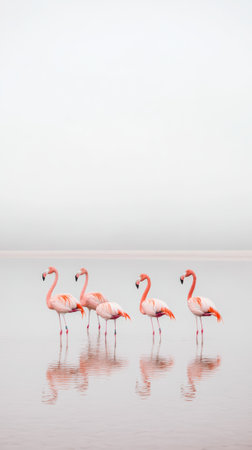 Four pink flamingos are standing in the shallow water of a lake on a foggy day, creating a serene and minimalist nature scene with their reflections adding to the tranquilityの素材