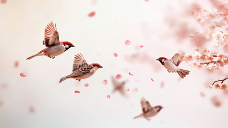 Four eurasian tree sparrows are flying near a blooming tree while pink petals are slowly falling, creating a beautiful natural scene in pastel colorsの素材