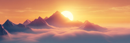 Sunset casting a warm golden glow over majestic mountain peaks, swirling clouds below creating a breathtaking scene of natural beauty and tranquilityの素材