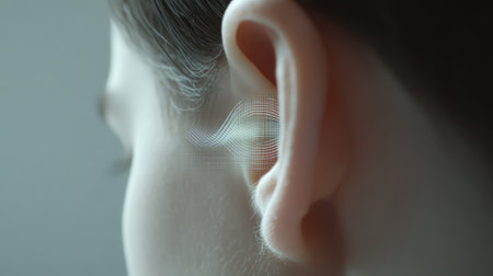 Digital sound waves are visualized entering a human ear, representing the process of hearing and auditory perception, highlighting the intricate mechanisms of sound detection and interpretationの素材