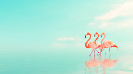 Three pink flamingos are walking in a shallow tropical lagoon with turquoise water under a clear pastel sky with some small clouds, creating a serene and dreamy atmosphereの素材